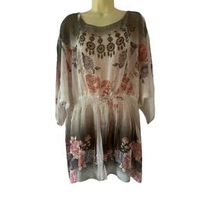 Cal Style Boho Sheer Floral Tunic Blouse Size 2XL Sheer Y2K Festival Cottage